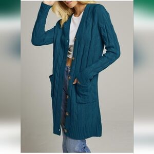 Gorgeous Teal Blue 3/4 Length Cable Knit Button Down Cardigan Sweater Sz-XXL